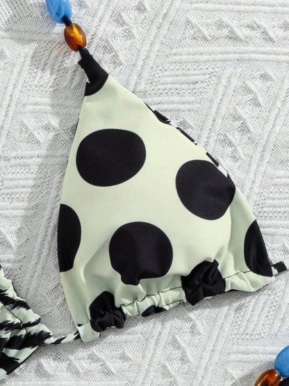 Women's Swimwear Bikini,Retro Animal Print Polka Dot Print Reversible Outfit Y2k Streetwear/Vacation Outfits/Beachwear Black Summer