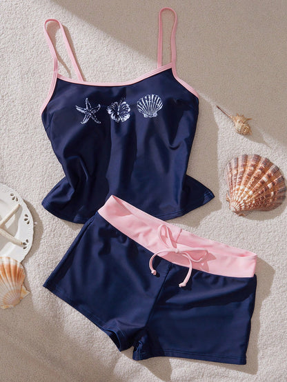 Women's Swimwear Tankini, Tropical Print Vest Bra Built-In T-Shirt Set For Vacation Back To School Tank Tops & Camis Vacation Beachwear Summer