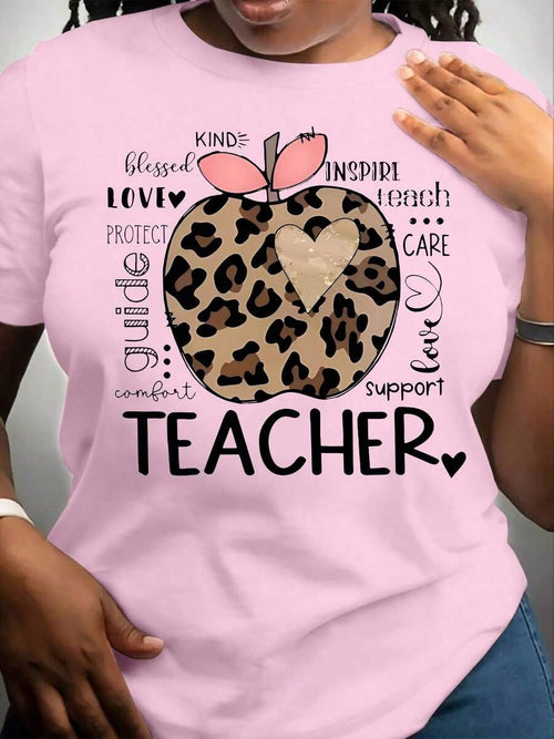 Women's Teacher Outfits Casual Short Sleeve Graphic T-Shirt, Teacher Appreciation Theme Heart & Apple Print