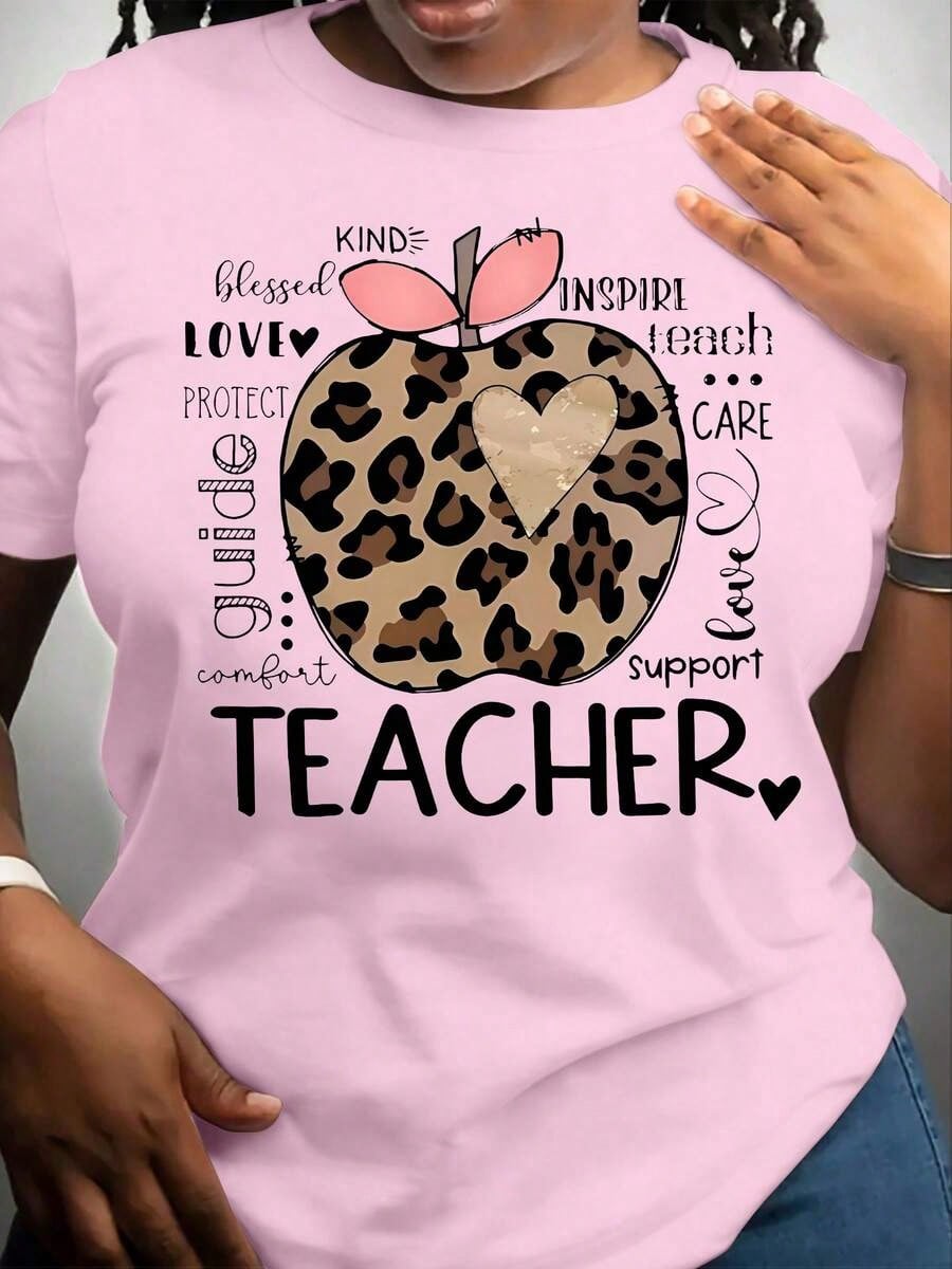 Women's Teacher Outfits Casual Short Sleeve Graphic T-Shirt, Teacher Appreciation Theme Heart & Apple Print