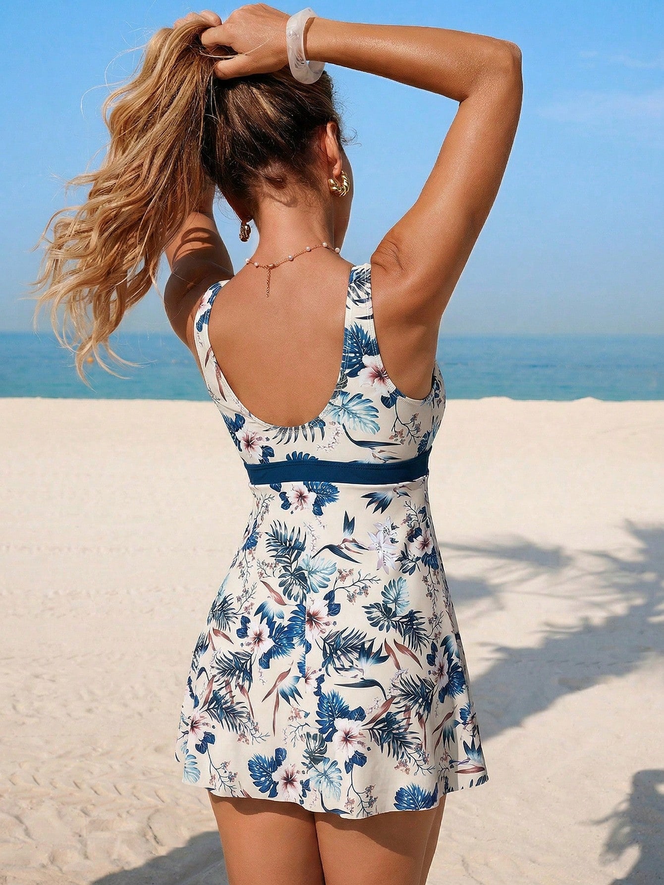 Women's Teal Boho Floral Print One-Piece Swimsuit Skirt With Shorts, Bowknot Tie Beach Dress,Summer Casual Holiday Vacation Pool Party Outfit