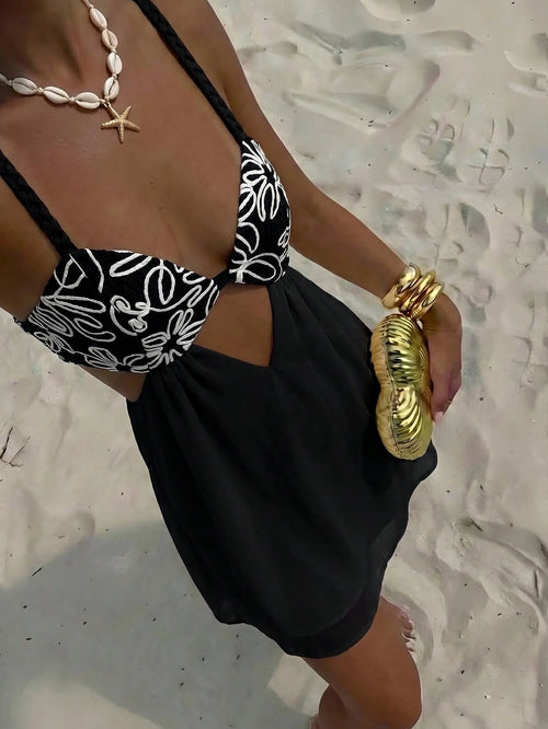 Women's Textured Cut-Out Design Camisole Mini Dress For Vacation