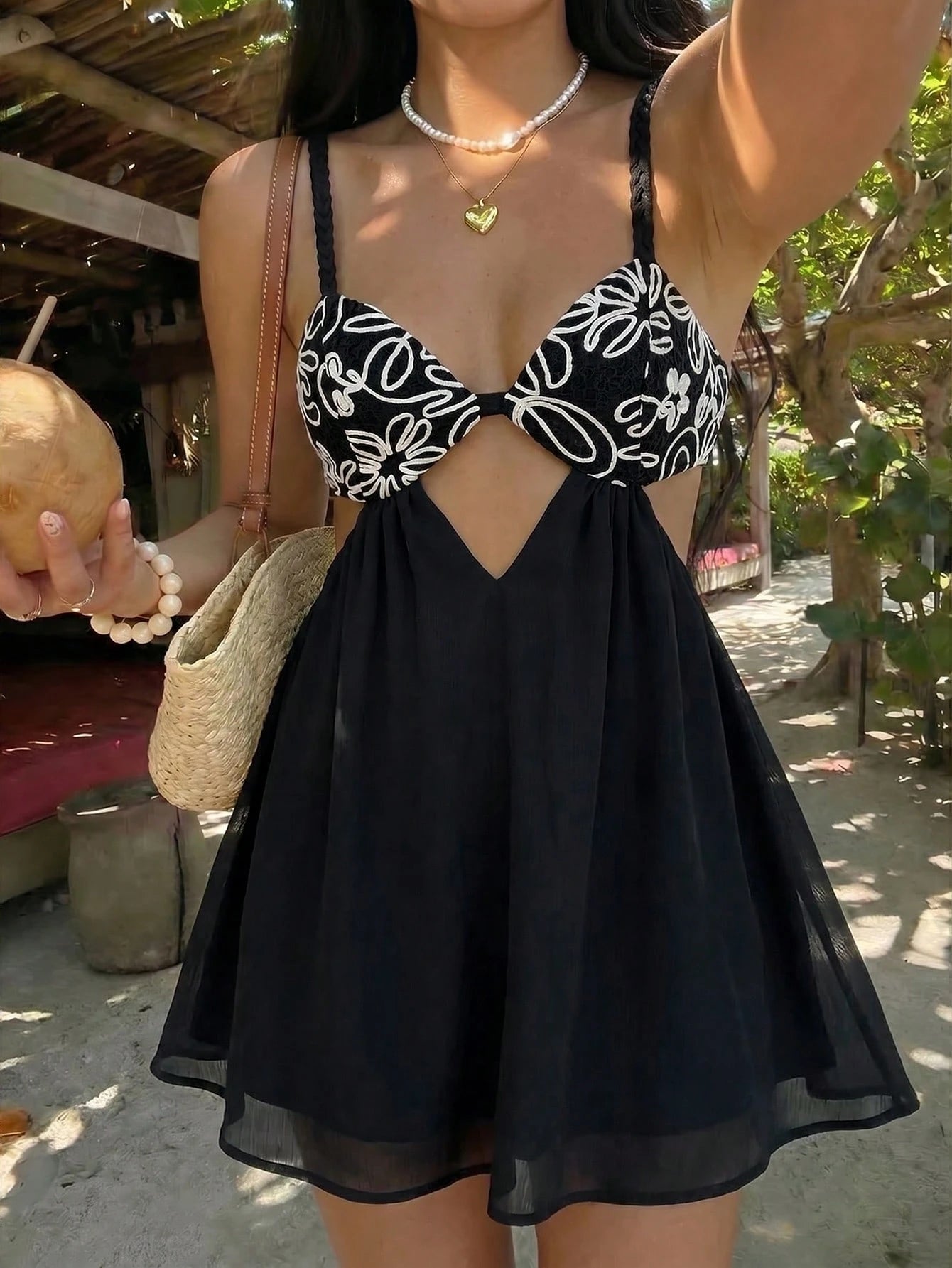 Women's Textured Cut-Out Design Camisole Mini Dress For Vacation