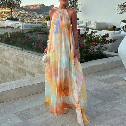 Women's Tie Dye Chiffon Maxi Dress- Halter Neck Backless Flowy A-Line Long Dress Sunset Gradient Print Vacation Summer Beach Dress For Women