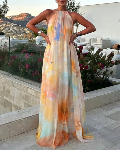 Women's Tie Dye Chiffon Maxi Dress- Halter Neck Backless Flowy A-Line Long Dress Sunset Gradient Print Vacation Summer Beach Dress For Women