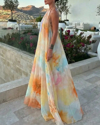 Women's Tie Dye Chiffon Maxi Dress- Halter Neck Backless Flowy A-Line Long Dress Sunset Gradient Print Vacation Summer Beach Dress For Women