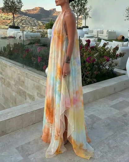 Women's Tie Dye Chiffon Maxi Dress- Halter Neck Backless Flowy A-Line Long Dress Sunset Gradient Print Vacation Summer Beach Dress For Women