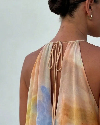 Women's Tie Dye Chiffon Maxi Dress- Halter Neck Backless Flowy A-Line Long Dress Sunset Gradient Print Vacation Summer Beach Dress For Women