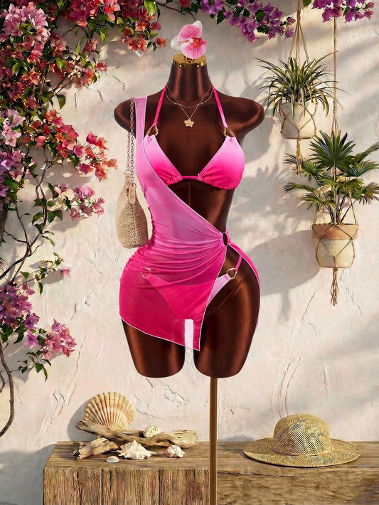 Women's Tie Dye Printed 3 Pieces Set, Metal Accessories, Sexy Avant-Garde Suitable For Vacation, Asymmetric Shoulder Cover-Up, Cute Innocent Sexy Shee