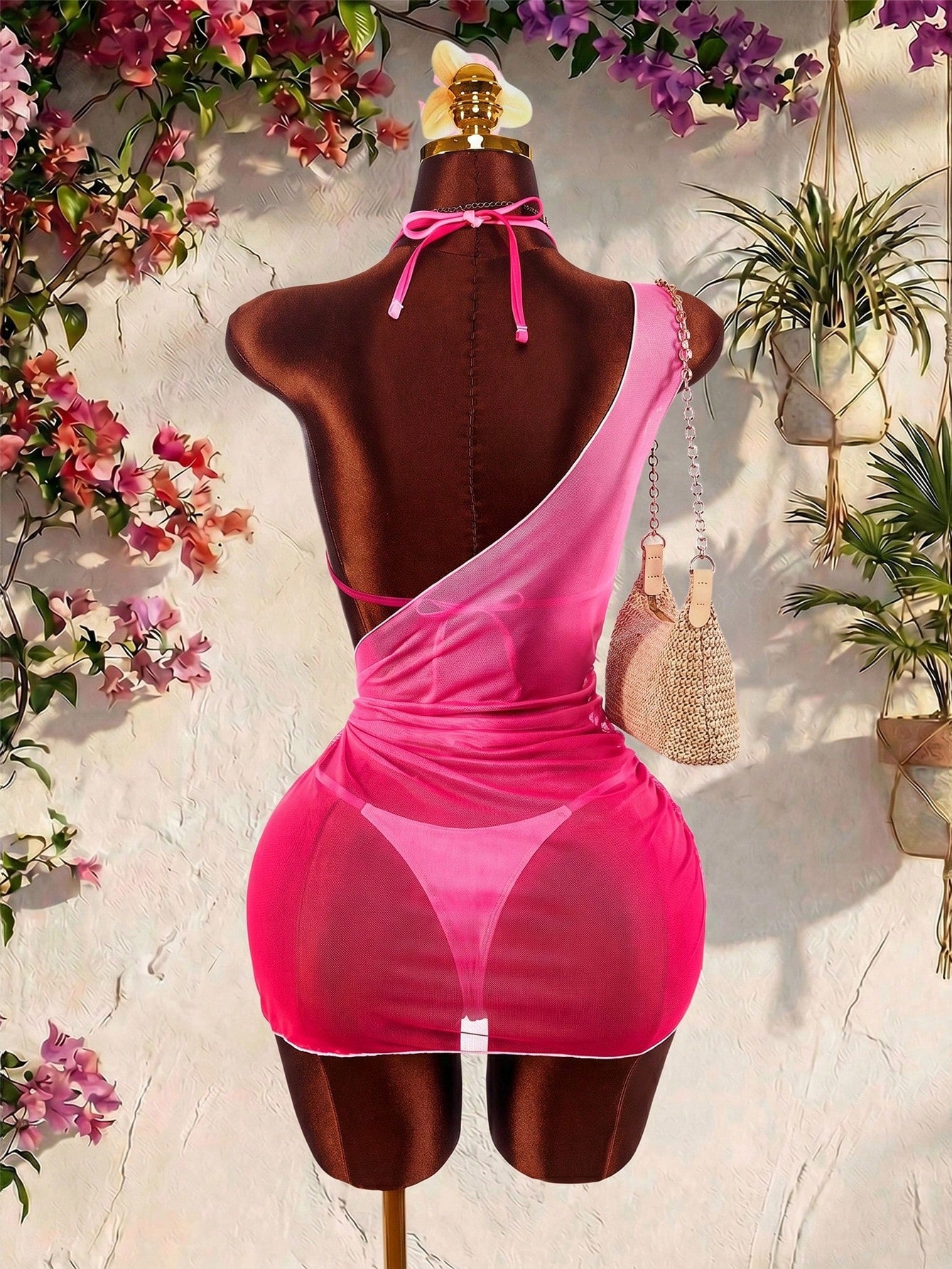 Women's Tie Dye Printed 3 Pieces Set, Metal Accessories, Sexy Avant-Garde Suitable For Vacation, Asymmetric Shoulder Cover-Up, Cute Innocent Sexy Shee