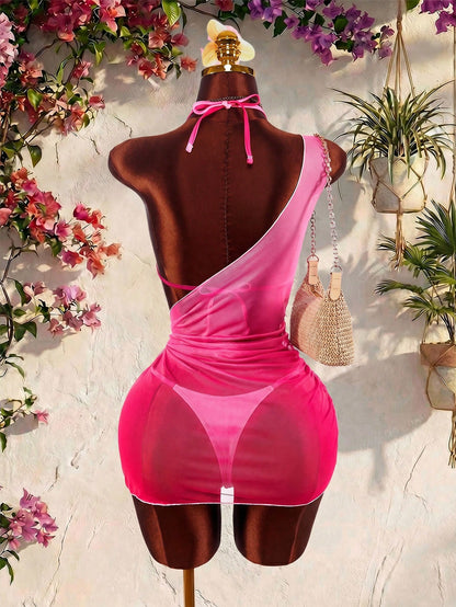 Women's Tie Dye Printed 3 Pieces Set, Metal Accessories, Sexy Avant-Garde Suitable For Vacation, Asymmetric Shoulder Cover-Up, Cute Innocent Sexy Shee