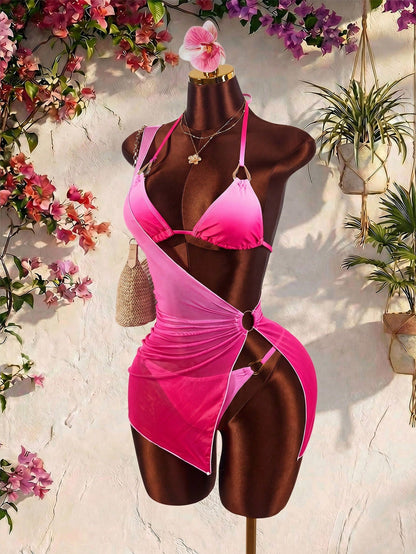 Women's Tie Dye Printed 3 Pieces Set, Metal Accessories, Sexy Avant-Garde Suitable For Vacation, Asymmetric Shoulder Cover-Up, Cute Innocent Sexy Shee