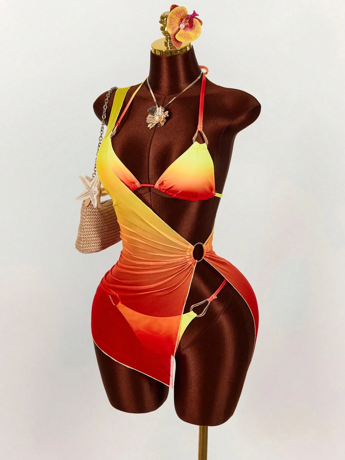 Women's Tie Dye Printed 3 Pieces Set, Metal Accessories, Sexy Avant-Garde Suitable For Vacation, Asymmetric Shoulder Cover-Up, Cute Innocent Sexy Shee