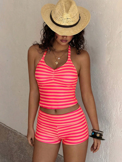 Women's Two-Piece Swimwear, Elegant Sexy Striped Print Short Swim Top With Shorts Pink Vacation Summer, Resort Wear
