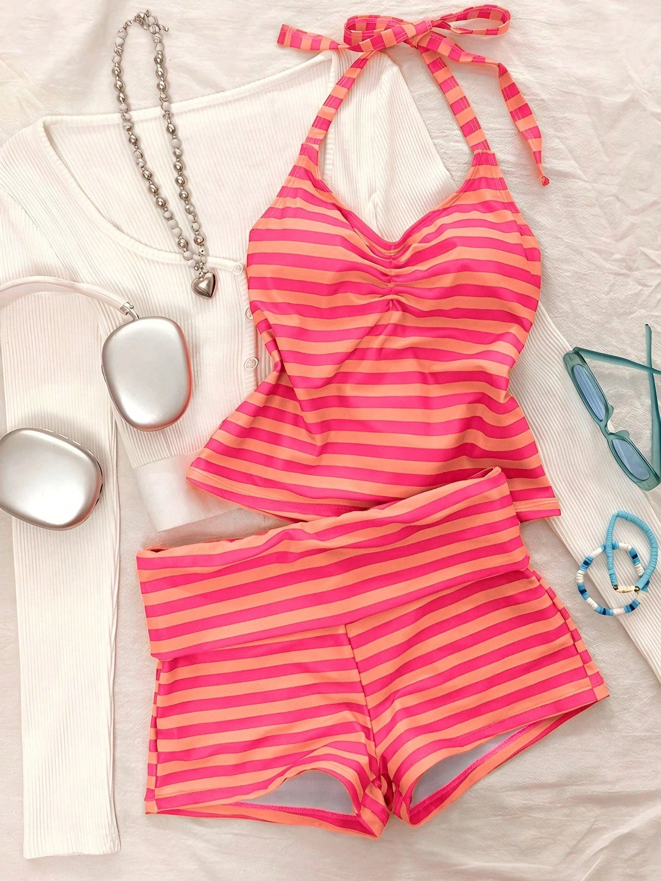Women's Two-Piece Swimwear, Elegant Sexy Striped Print Short Swim Top With Shorts Pink Vacation Summer, Resort Wear