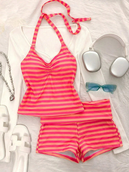 Women's Two-Piece Swimwear, Elegant Sexy Striped Print Short Swim Top With Shorts Pink Vacation Summer, Resort Wear