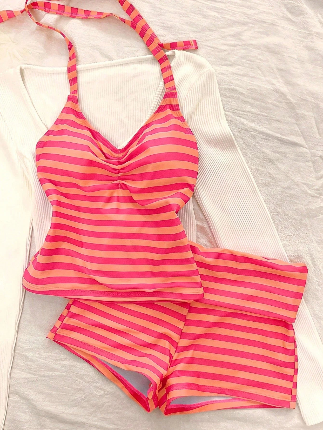 Women's Two-Piece Swimwear, Elegant Sexy Striped Print Short Swim Top With Shorts Pink Vacation Summer, Resort Wear
