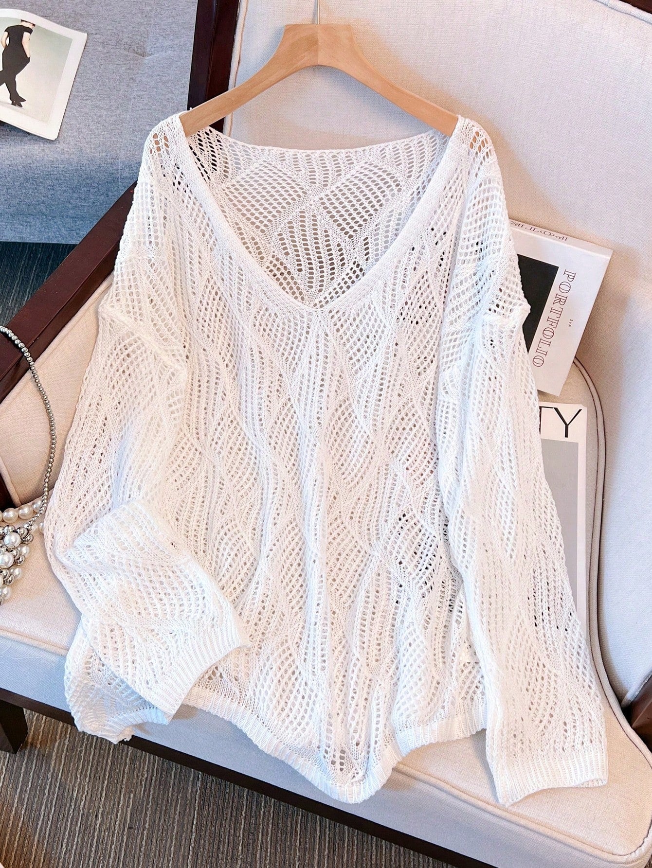 Women's V-Neck Hollow Rhombus Design Loose Knit Cover Up, Airy And Breathable For Beach/Resort Wear, Spring/Summer Vacation White, Boho Chic