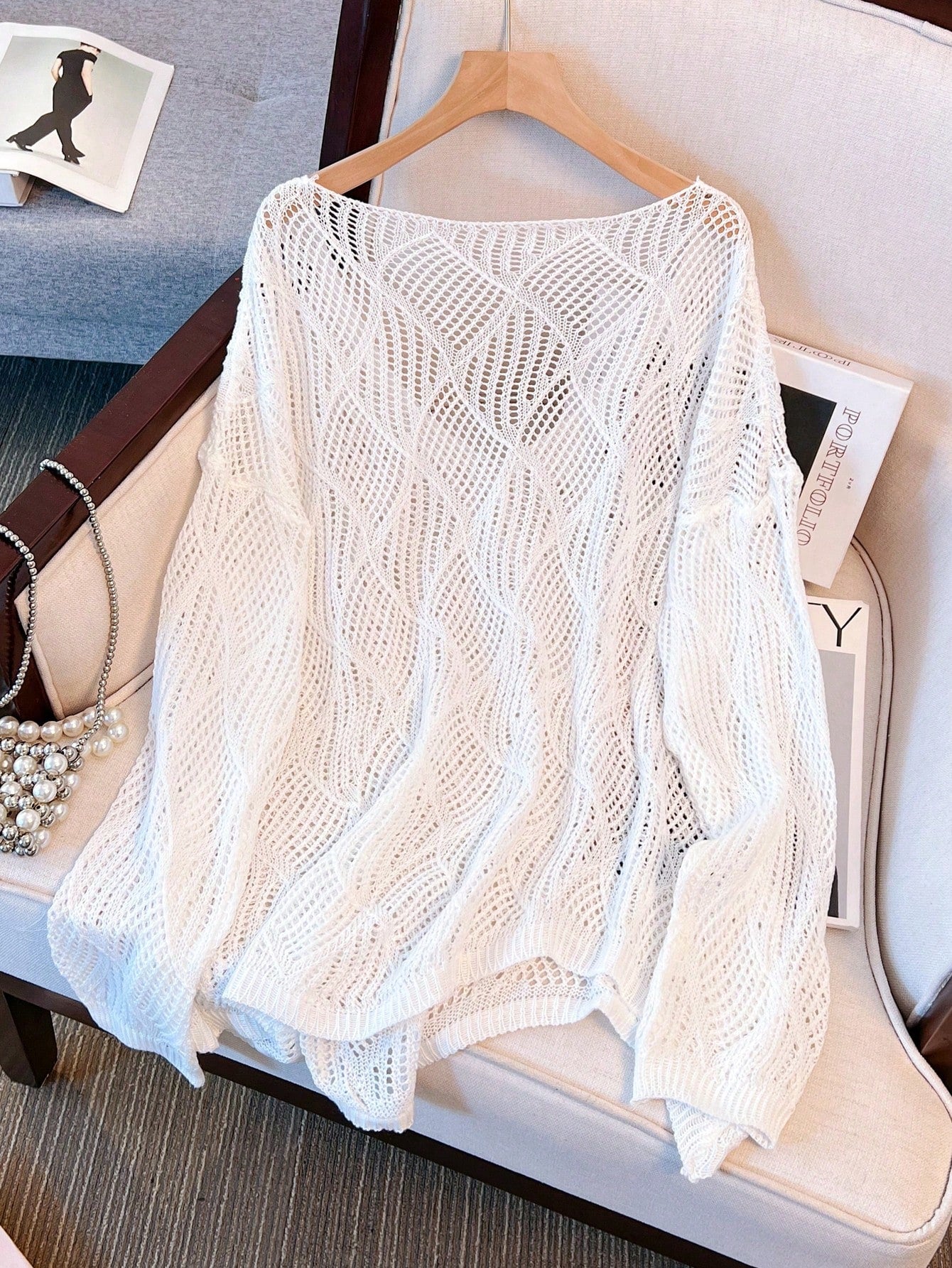 Women's V-Neck Hollow Rhombus Design Loose Knit Cover Up, Airy And Breathable For Beach/Resort Wear, Spring/Summer Vacation White, Boho Chic