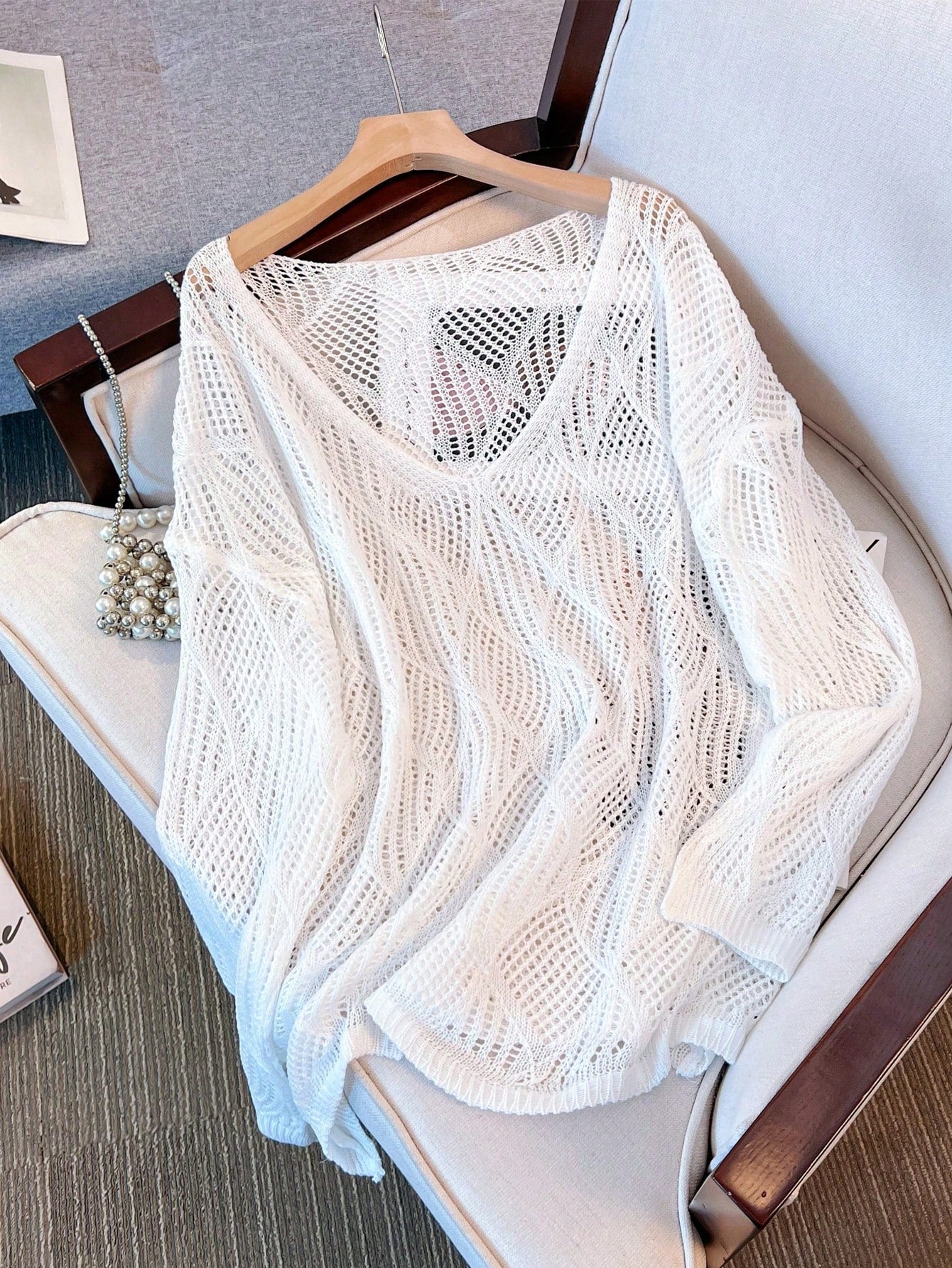 Women's V-Neck Hollow Rhombus Design Loose Knit Cover Up, Airy And Breathable For Beach/Resort Wear, Spring/Summer Vacation White, Boho Chic