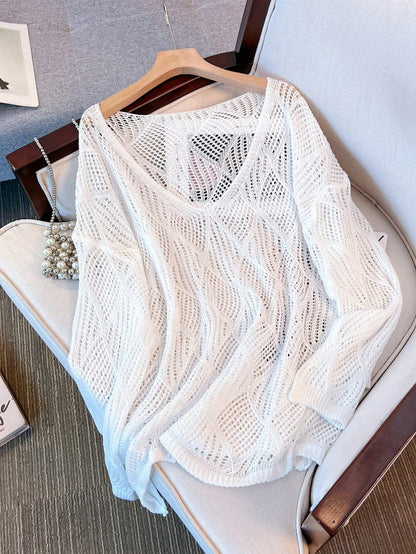 Women's V-Neck Hollow Rhombus Design Loose Knit Cover Up, Airy And Breathable For Beach/Resort Wear, Spring/Summer Vacation White, Boho Chic