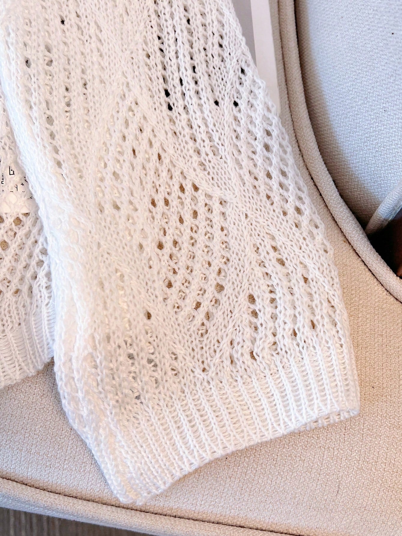 Women's V-Neck Hollow Rhombus Design Loose Knit Cover Up, Airy And Breathable For Beach/Resort Wear, Spring/Summer Vacation White, Boho Chic