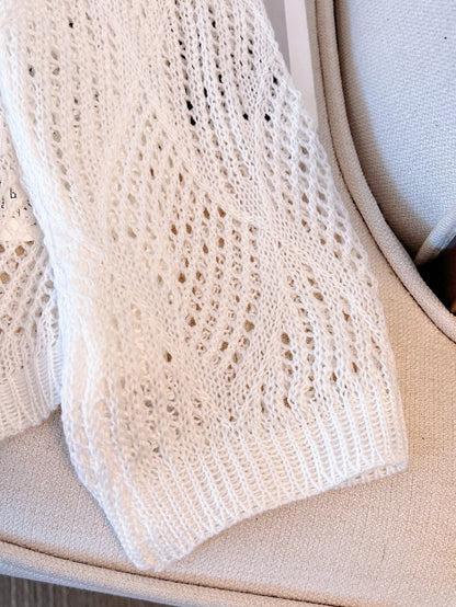 Women's V-Neck Hollow Rhombus Design Loose Knit Cover Up, Airy And Breathable For Beach/Resort Wear, Spring/Summer Vacation White, Boho Chic