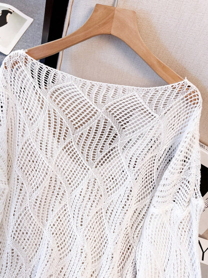 Women's V-Neck Hollow Rhombus Design Loose Knit Cover Up, Airy And Breathable For Beach/Resort Wear, Spring/Summer Vacation White, Boho Chic
