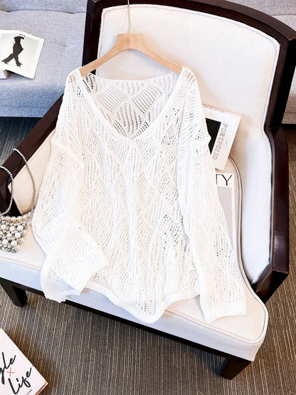 Women's V-Neck Hollow Rhombus Design Loose Knit Cover Up, Airy And Breathable For Beach/Resort Wear, Spring/Summer Vacation White, Boho Chic