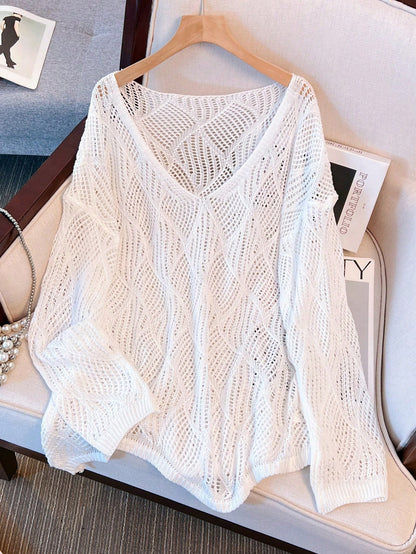 Women's V-Neck Hollow Rhombus Design Loose Knit Cover Up, Airy And Breathable For Beach/Resort Wear, Spring/Summer Vacation White, Boho Chic