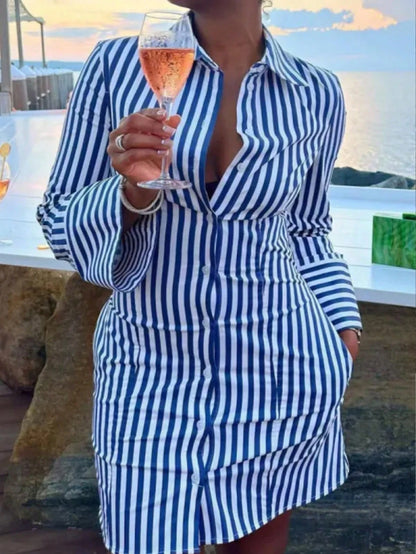 Women's Vacation Striped Long Sleeve Button Front Shirt Dress Fall Cloth For Women