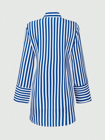Women's Vacation Striped Long Sleeve Button Front Shirt Dress Fall Cloth For Women