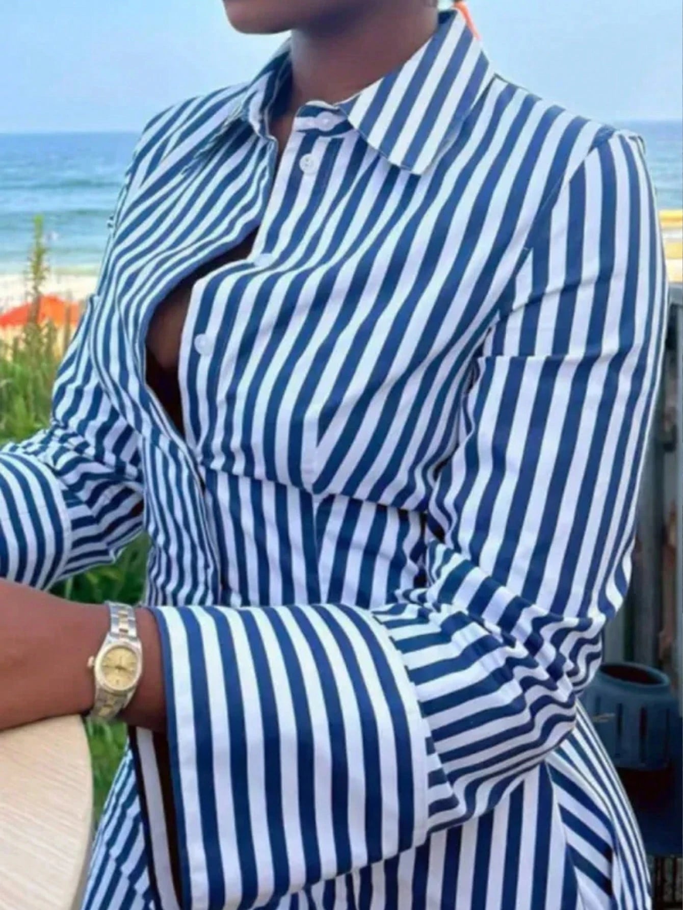 Women's Vacation Striped Long Sleeve Button Front Shirt Dress Fall Cloth For Women