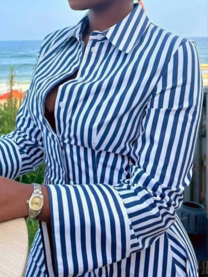 Women's Vacation Striped Long Sleeve Button Front Shirt Dress Fall Cloth For Women