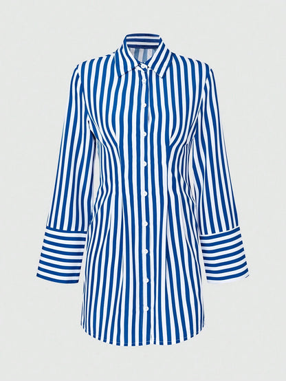 Women's Vacation Striped Long Sleeve Button Front Shirt Dress Fall Cloth For Women