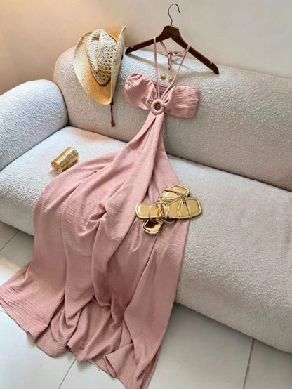 Women's Vacation Style Midi Dress, Print Backless Hollow Out Spaghetti Strap Dress, Summer Party Elegant