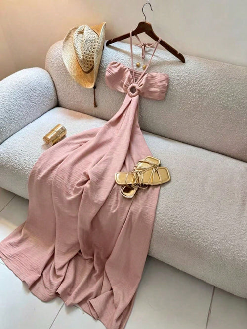 Women's Vacation Style Midi Dress, Print Backless Hollow Out Spaghetti Strap Dress, Summer Party Elegant