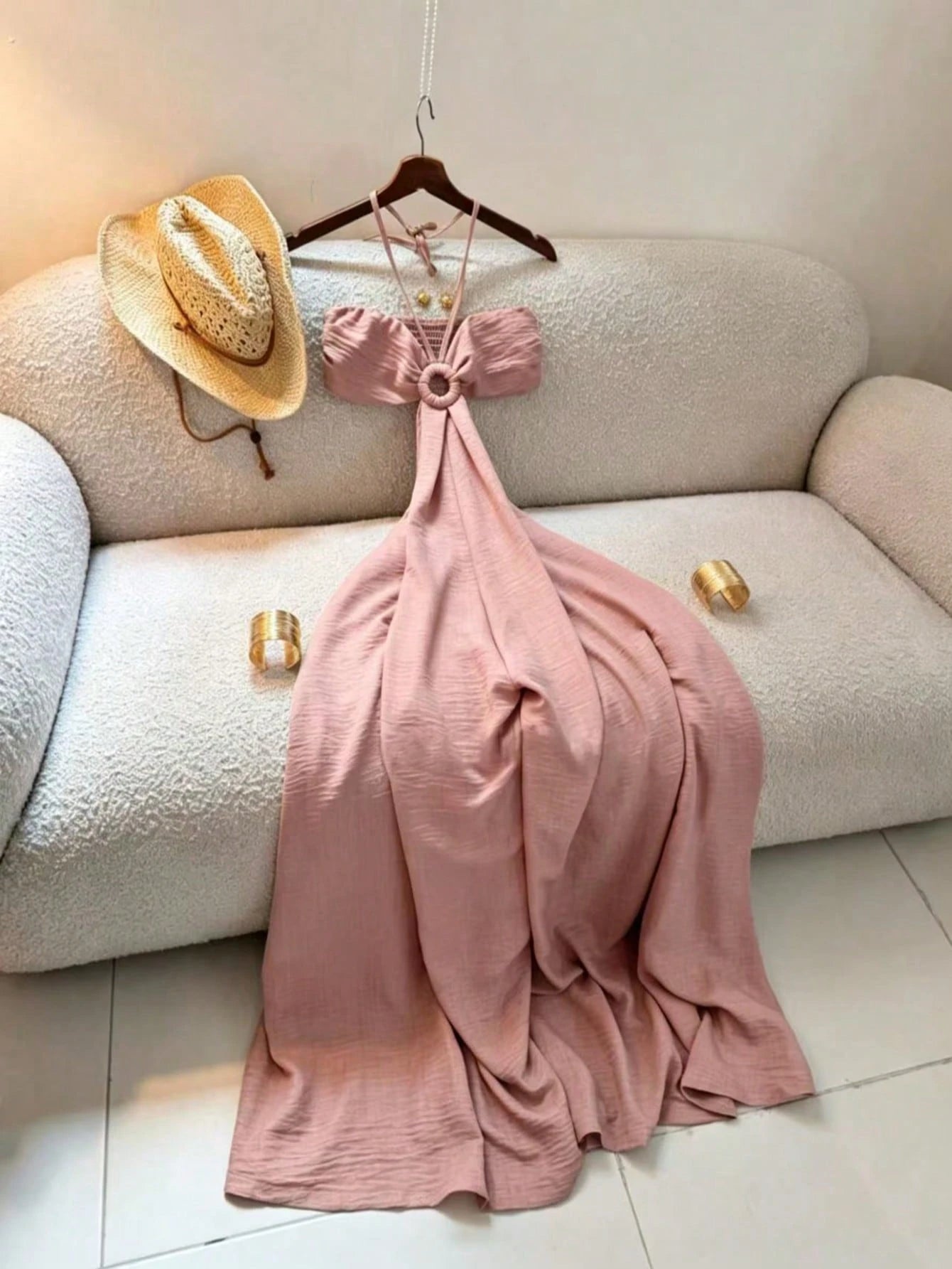 Women's Vacation Style Midi Dress, Print Backless Hollow Out Spaghetti Strap Dress, Summer Party Elegant