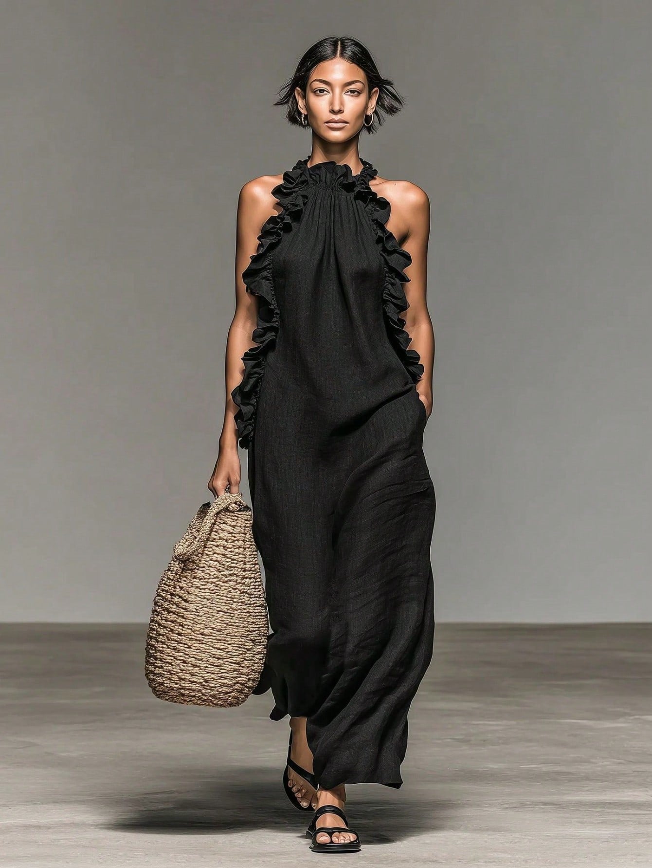 Women's Vacation Style Ruffle Trim Halter Neck Sleeveless Dress, Loose & Slimming, Summer Black Elegant, Resort Wear