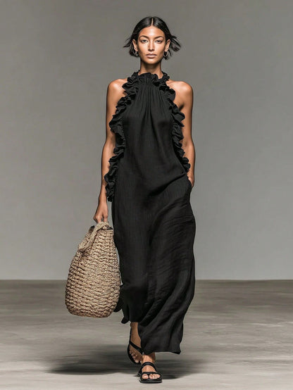 Women's Vacation Style Ruffle Trim Halter Neck Sleeveless Dress, Loose & Slimming, Summer Black Elegant, Resort Wear