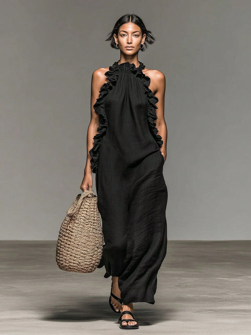 Women's Vacation Style Ruffle Trim Halter Neck Sleeveless Dress, Loose & Slimming, Summer Black Elegant, Resort Wear