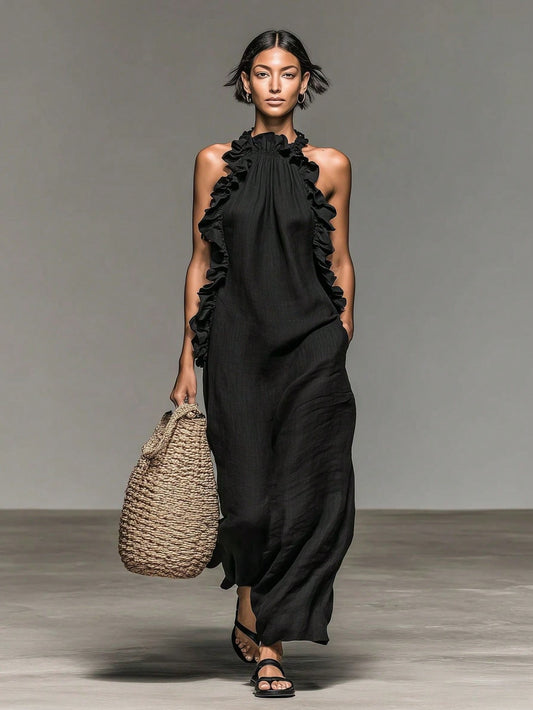 Women's Vacation Style Ruffle Trim Halter Neck Sleeveless Dress, Loose & Slimming, Summer Black Elegant, Resort Wear