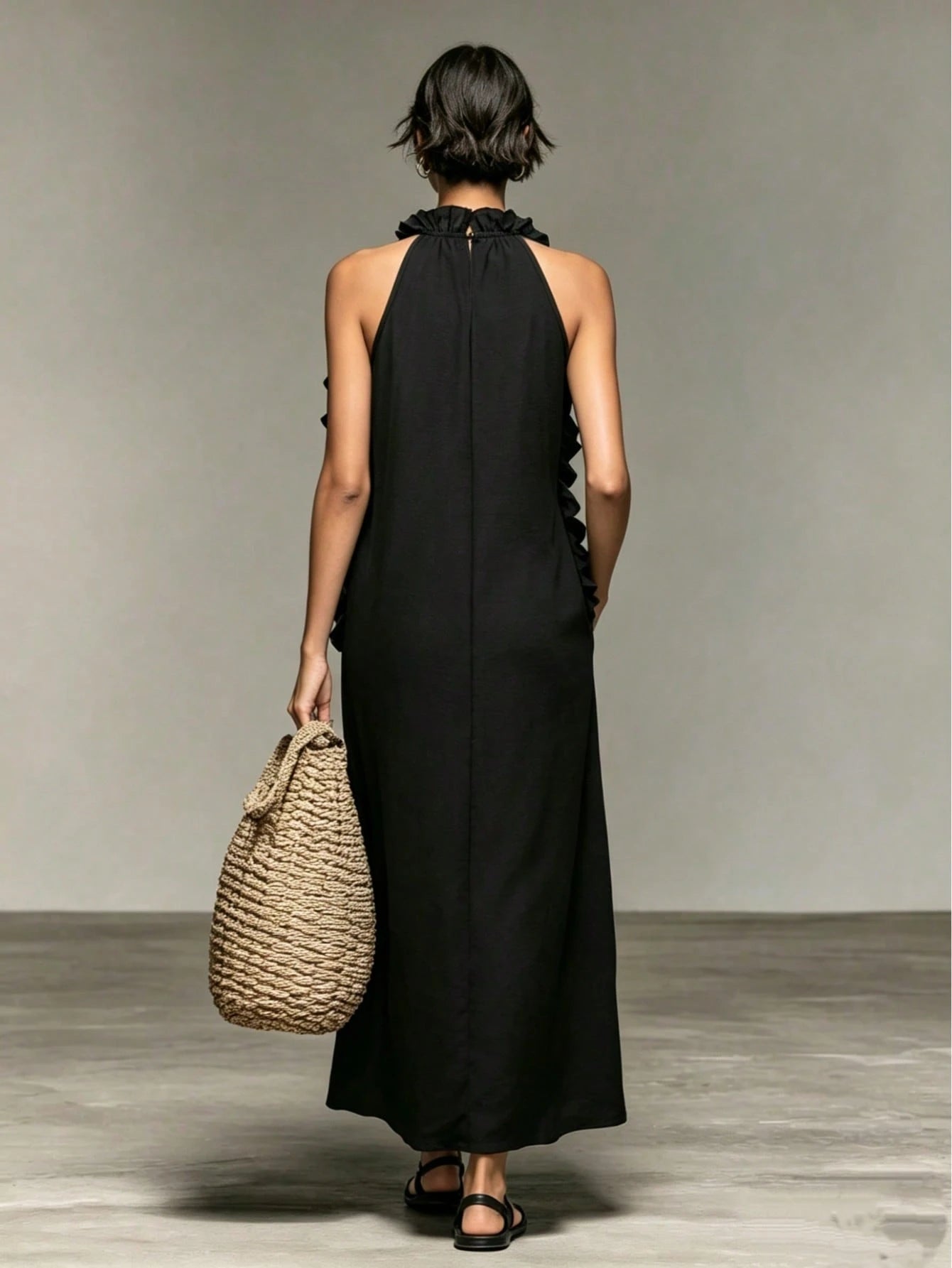 Women's Vacation Style Ruffle Trim Halter Neck Sleeveless Dress, Loose & Slimming, Summer Black Elegant, Resort Wear