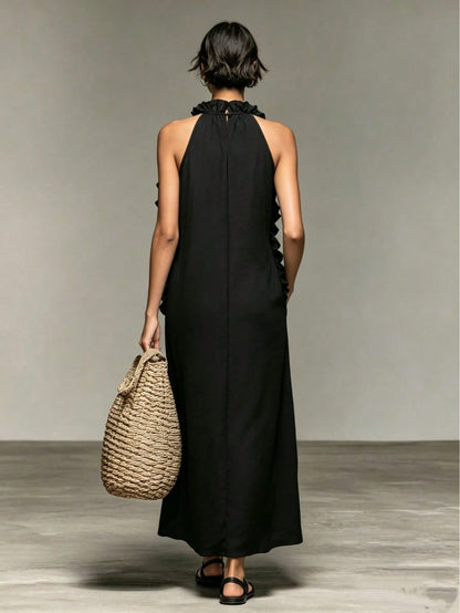 Women's Vacation Style Ruffle Trim Halter Neck Sleeveless Dress, Loose & Slimming, Summer Black Elegant, Resort Wear