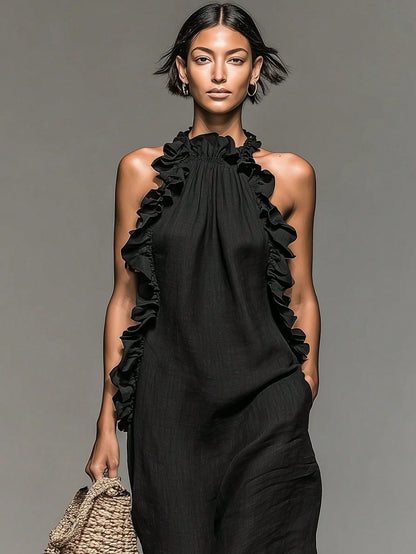 Women's Vacation Style Ruffle Trim Halter Neck Sleeveless Dress, Loose & Slimming, Summer Black Elegant, Resort Wear