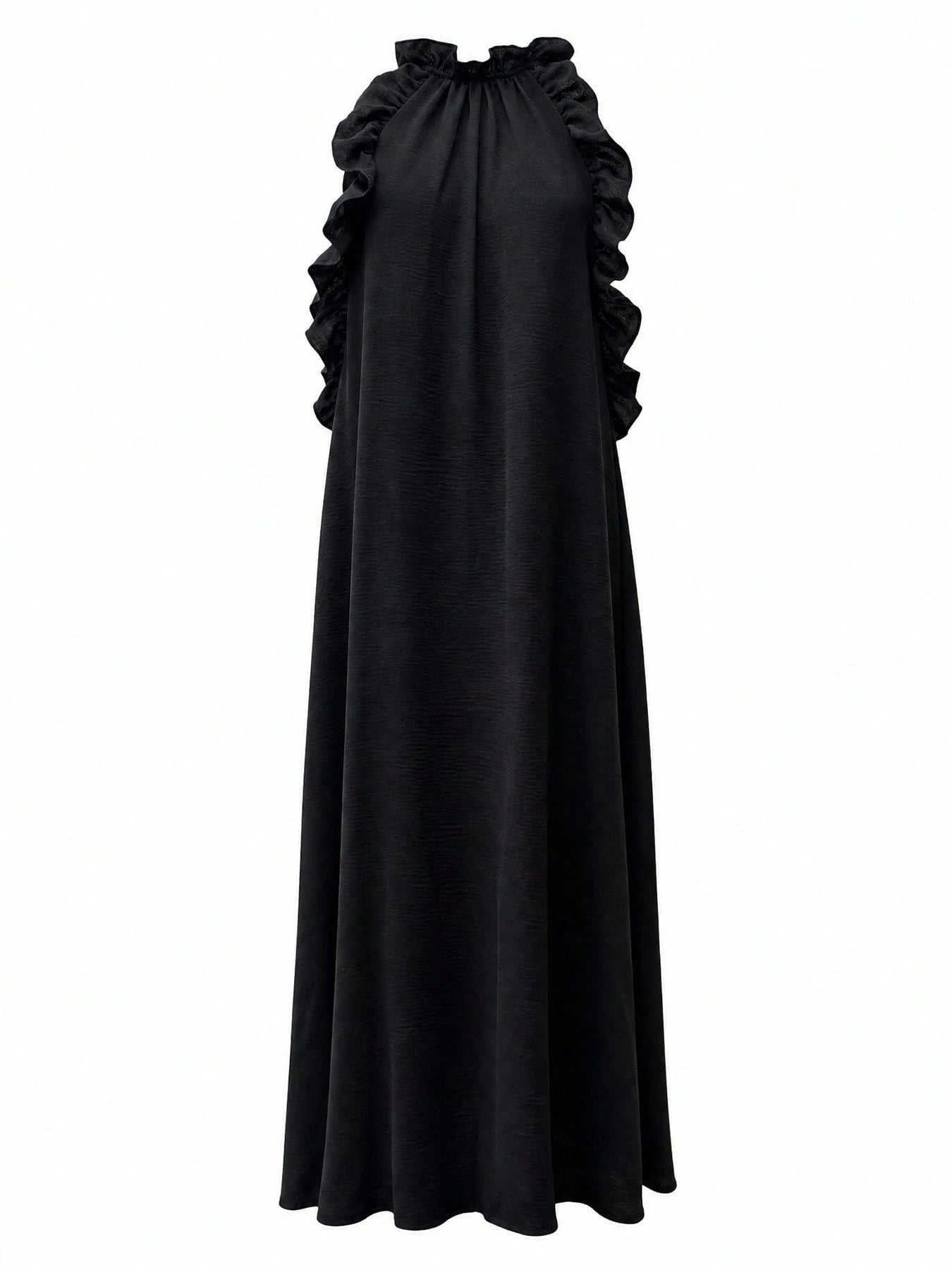 Women's Vacation Style Ruffle Trim Halter Neck Sleeveless Dress, Loose & Slimming, Summer Black Elegant, Resort Wear