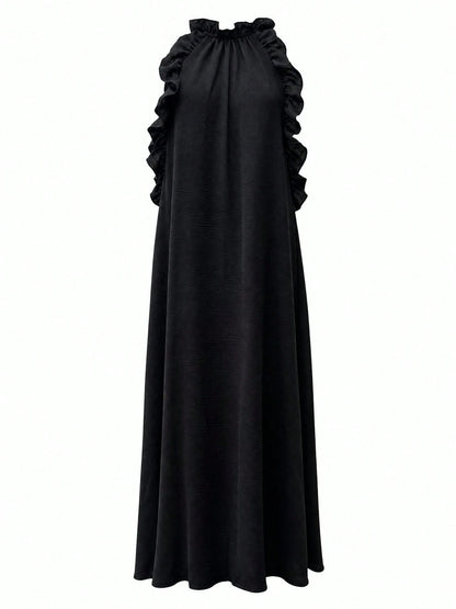 Women's Vacation Style Ruffle Trim Halter Neck Sleeveless Dress, Loose & Slimming, Summer Black Elegant, Resort Wear