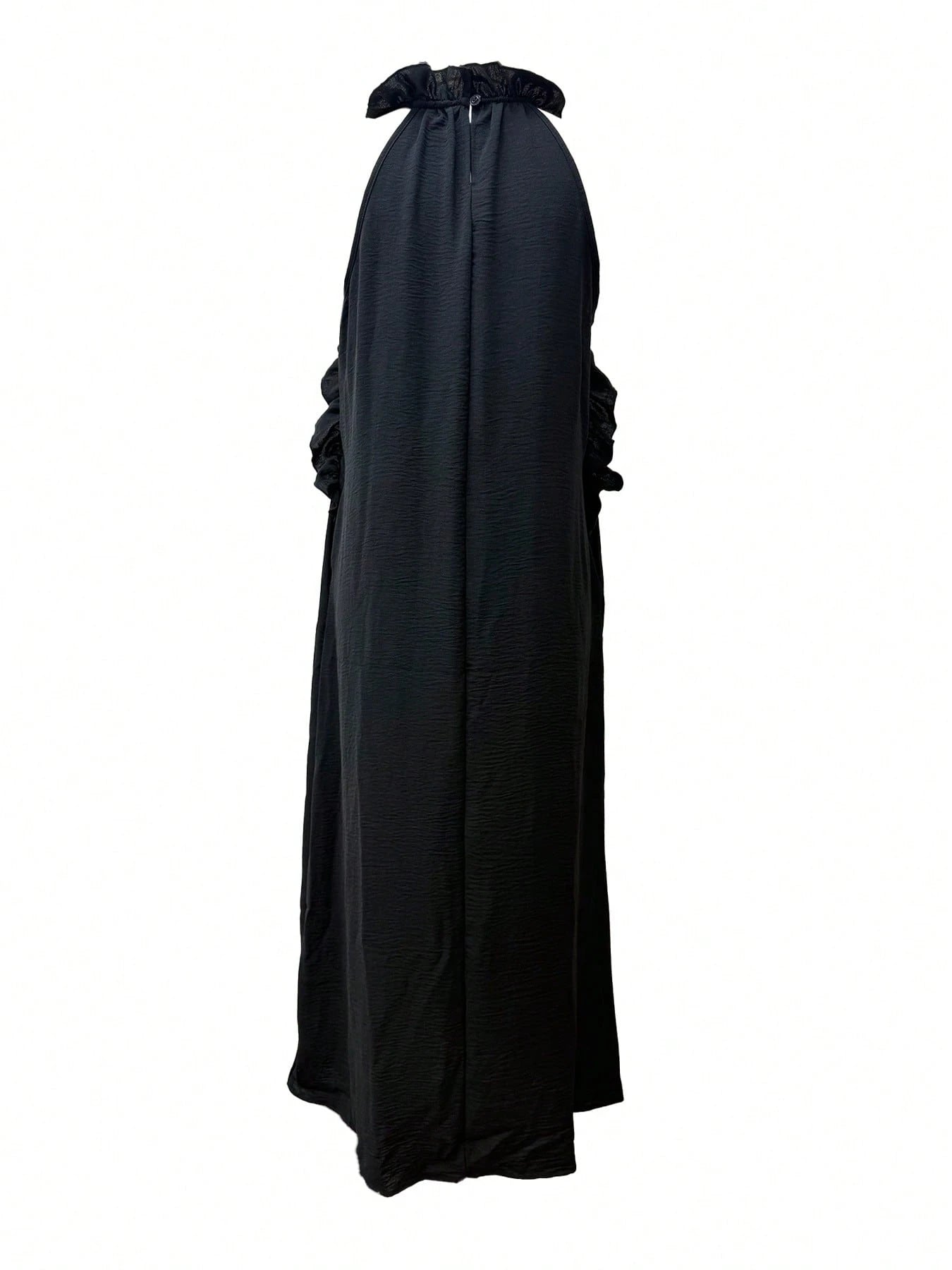 Women's Vacation Style Ruffle Trim Halter Neck Sleeveless Dress, Loose & Slimming, Summer Black Elegant, Resort Wear