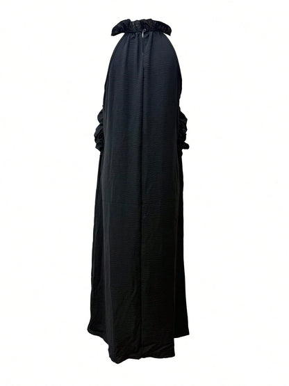 Women's Vacation Style Ruffle Trim Halter Neck Sleeveless Dress, Loose & Slimming, Summer Black Elegant, Resort Wear