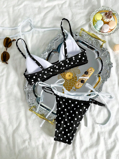 Women's Vintage Black Polka Dot Bikini Swimsuit, Casual Fashion Vacation Set Beach Summer